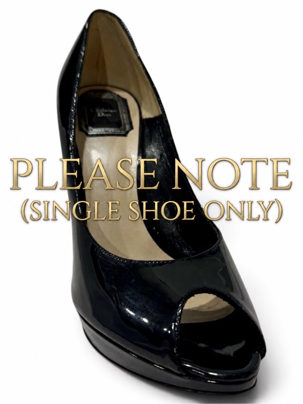 Christian Dior Black Patent Peep Toe Platform Heel Single Shoe 38.5